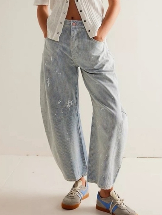 Free People Denim - We The Free People Lucky You Mid-rise Barrel Jeans 28 Railroad Tracks Striped